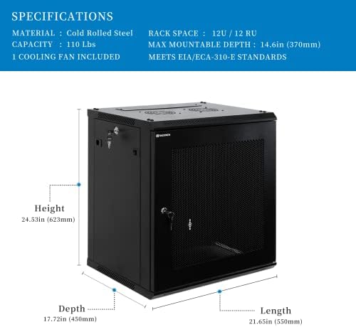 RackPath 12U Wall Mount Server Cabinet Network Rack Enclosure, Quiet Cooling Fan, Perforated Door, Black - Image 2
