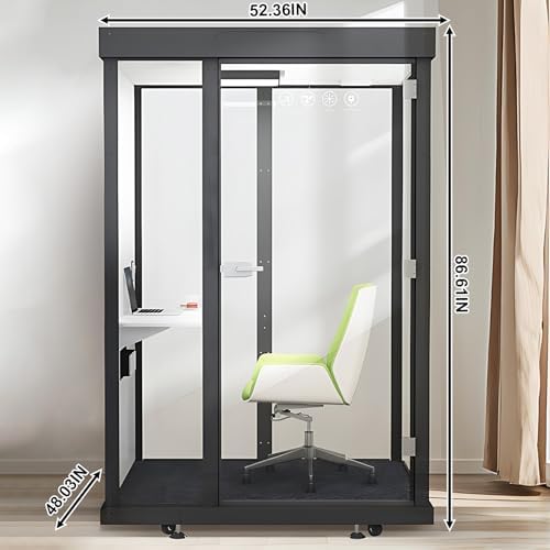 Office Sound Booth with Audio Privacy - Modern Soundproof Booth Includes Black Transparent Glass Design,Freestanding Office Room with Light, Fans,Casters for Study,Game (52.36IN) - Image 2