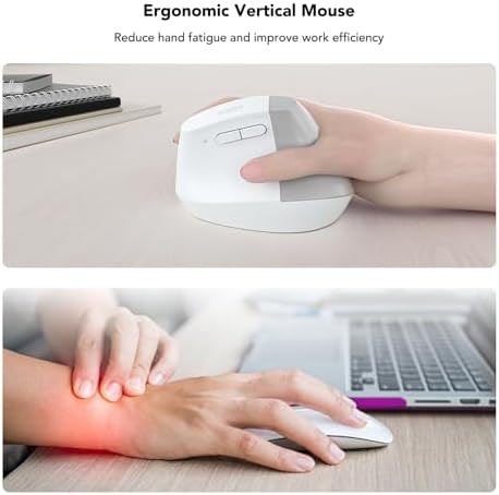 KYSONA EM18 Wireless Ergonomic Vertical Mouse, Ergo Design, Bluetooth Cordless Mouse for Medium/Large Hands, Silent Click, 5-Level Adjustable DPI, Carpal Tunnel Mice for Computer/PC/Mac/Laptop, White - Image 3