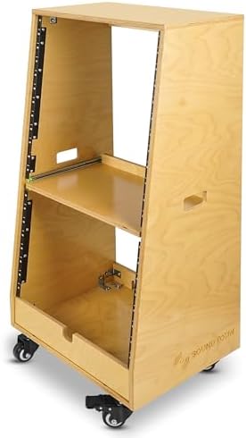 Sound Town DIY Slanted 20U Studio Rack (12U Top + 8U Lower), with 2U Bottom Storage, Slide-Out Tray, Caster, Plywood, Golden Oak for Recording Room, Home Studio (SDRK-ST20T) - Image 2