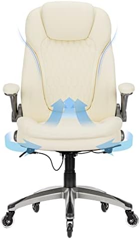 COLAMY Ergonomic Office Chair, Set of 2 Boxes, High Back Leather Desk Chair with Flip-up Arms, Adjustable Height & Rocking Function, Silent Wheels, Ivory Executive Computer Chair, 300lbs Capacity - Image 4