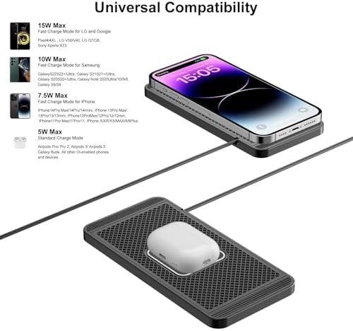Wireless Charger Car Charging Pad 15W Fast Car Wireless Charger Pad, 15W Fast Charging, Anti-Slip, Universal Qi Compatible with iPhone and Wireless Charging Phones, Black(USB-C) - Image 5