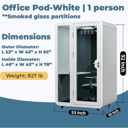 GEARONIC Mobile Office Pod, Privacy Pods, Sound Proof Phone Booth, Mobile Roller with Desk, LED Light, Fans and AC USB Ports - White/Smoked Glass - Image 2