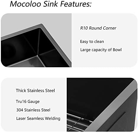 Mocoloo 33 Black Undermount Kitchen Sink 33x19 Gunmetal Black 16 Gauge Stainless Steel Deep Round Corner Under Counter Single Bowl Kitchen Sinks Handmade Basin - Image 5