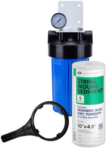 Aquaboon Whole House Water Filter System for Well Water with 5 Micron 10x4.5 Purification String Wound Cartrige | NSF Certified, Pressure Gauges & Releas, Wrench, Bracket 1" NPT by Aquaboon
