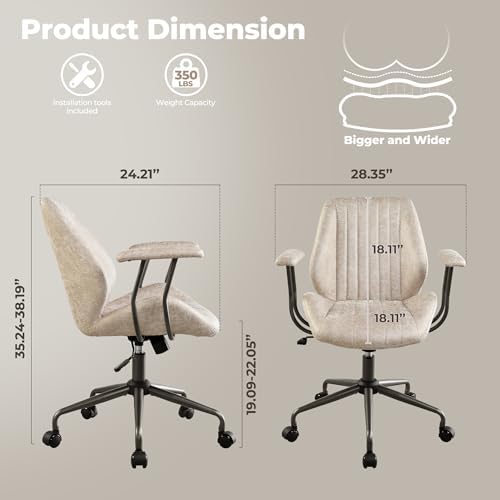 ovios Ergonomic Office Chair, Mid-Back Faux Suede Fabric Executive Chair with Padded Armrest, Mid-Century Modern Comfy Swivel Rolling Computer Desk Chairs, Beige - Image 2