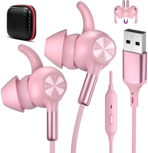 USB Earbuds with Microphone for PC Laptop,USB A Headphones,Pink by AIAUXAi