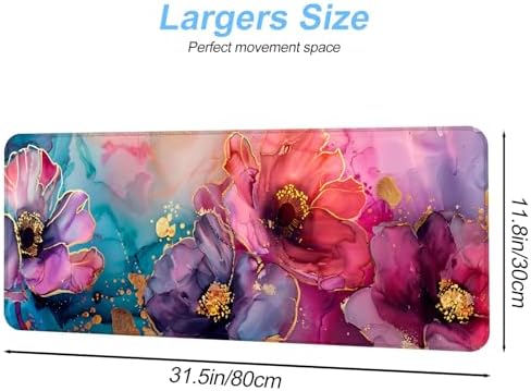 Floral Mouse Pad XXL – Large Desk Mat with Abstract Alcohol Ink Flowers in Pink, Purple & Teal, Extended Mousepad with Non-Slip Base for Office, Workstation, Gifts,31.5 x 11.8 in - Image 2