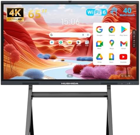 65" Smart Board Google EDLA-Certified 4K Interactive Whiteboard SmartBoard for Classroom & Office Business, Android 14 Touchscreen with 13MP AI Camera 8G RAM+64G ROM, 40-Points, Wall Mount Included by HUSHIDA