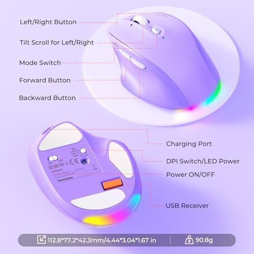 MEETION Wireless Mouse, Ergonomic Bluetooth Mouse for Laptop, Purple - Image 6