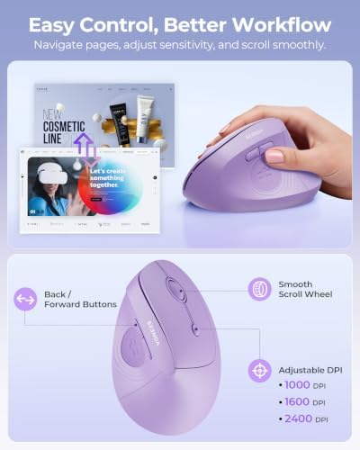 seenda Ergonomic Wireless Mouse, 52° Vertical Bluetooth Mouse, Purple - Image 4