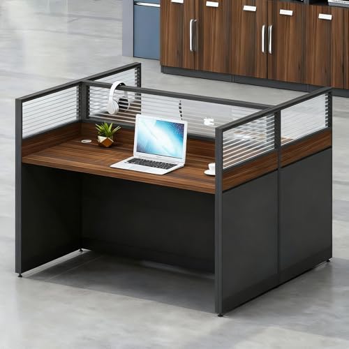 2-person Office Cubicle Desk Workstation w/Mute Privacy Panels, Dark Walnut by Nykto