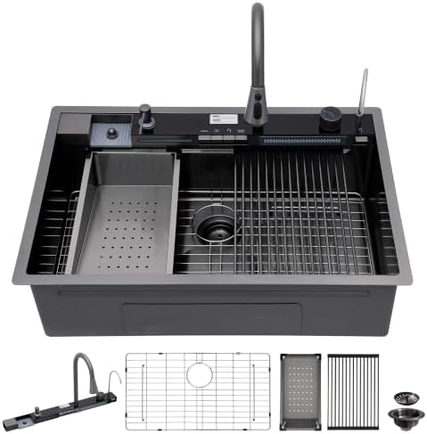33"x22" Drop In Waterfall Kitchen Sink - Gunmetal Black NANO-PVD, 16 Gauge 304 Stainless Steel, Ledge Workstation Single Bowl Top Mount Smart Waterfall Sink with Faucet Combo & Glass Rinser - Image 3
