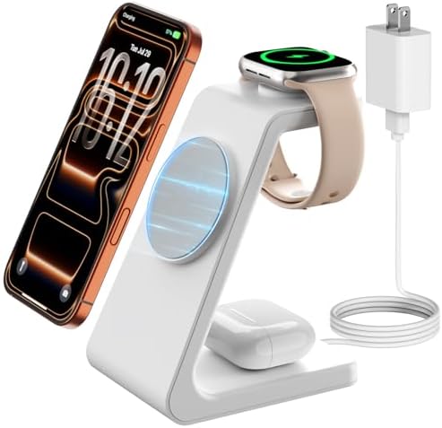 Magsafe Wireless Charging Station for iPhone: Certified 15W Fast Charging Station, 3 in 1 Magnetic Charger Stand for iPhone 17/16/15/14/13/12 Series, Apple Watch, AirPods 4/3/Pro by GEEKERA