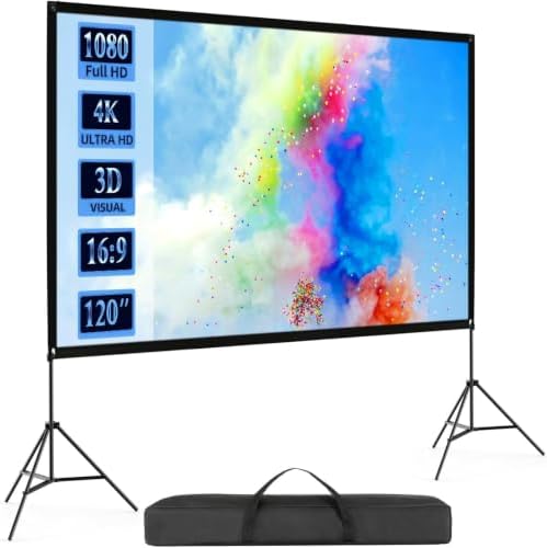 120 Inch Projector Screen with Stand, 16:9 4K HD Portable Movie Screen, Front/Rear Indoor Outdoor Projector Screen, Wrinkle-Free Screen with Carry Bag for Backyard Moive Night, Camping, Home Theater by VISULAPEX