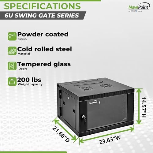 NavePoint 6U Server Cabinet with Hinged Back - 21.6' Deep, 6U Server Rack Enclosure with Locking Glass Door, Wall Mount Rack with Removable Side Panels, Network Cabinet with 2 Fans, Pre-Assembled - Image 4