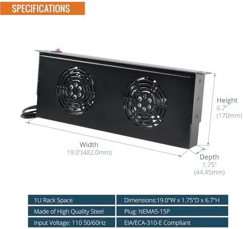 Tecmojo Rack Cabinet Mounted Server 1U 2 Fan Unit Cooling System Exhaust Airflow, for Cooling AV, Home Theater, Network 19inch Racks - Image 2