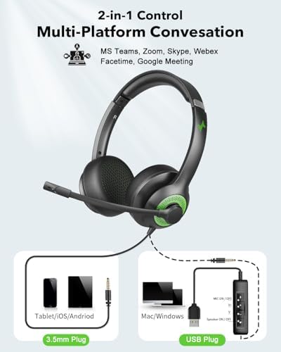 JIAMQISHI USB Headset with Mic for PC, On-Ear Computer Laptop Headphones with Noise Cancelling Microphone in-line Control for Home Office Online Class (USB+3.5mm, Green) - Image 5