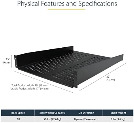 StarTech.com 2U Server Rack Shelf - Universal Vented Rack Mount Cantilever Tray for 19" Network Equipment Rack & Cabinet - Heavy Duty Steel - Weight Capacity 50lb/23kg - 22" Deep Shelf (CABSHELF22V) - Image 2