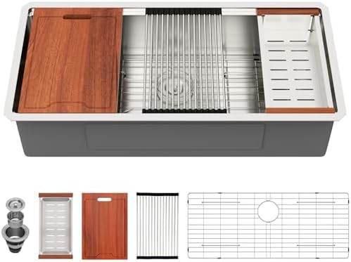 Lordear 39 Inch Undermount Kitchen Sink Workstation Large Single Bowl Under Counter Kitchen Sink T304 16 Gauge Stainless Steel Basin 39x19X10 Inch by LORDEAR