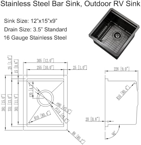 Black Undermount Bar Sink, 12 x 15 Inch - Image 7