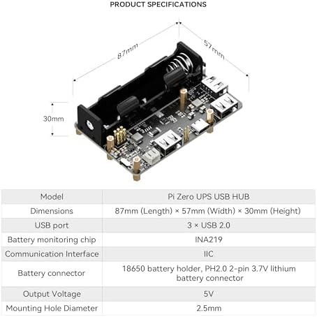 Pi Zero UPS HAT, 5V Uninterruptible Power Supply with 3-Port USB Hub - Image 6