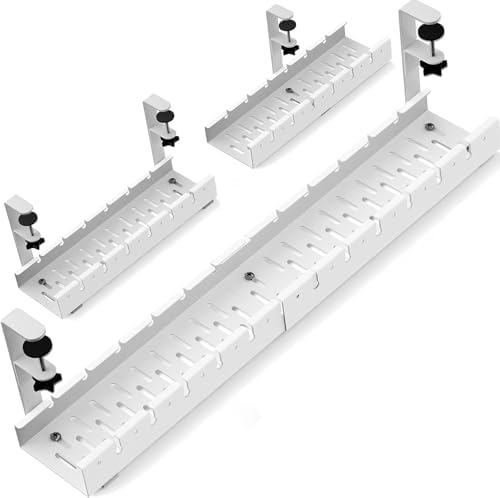 No Drilling Under Desk Cable Management, Metal Cable Management Tray Under Desk with Clamp, Retractable Power Strip Cord Holder for Wire Management 31Inch (2 Pack White) by BIWIST