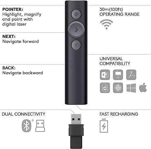 Logitech Spotlight Presentation Remote - Universal Wireless Presentation Clicker with Laser Pointer, Advanced Digital Highlighting, Bluetooth, 30 m Range and Quick Charging - Silver - Image 6