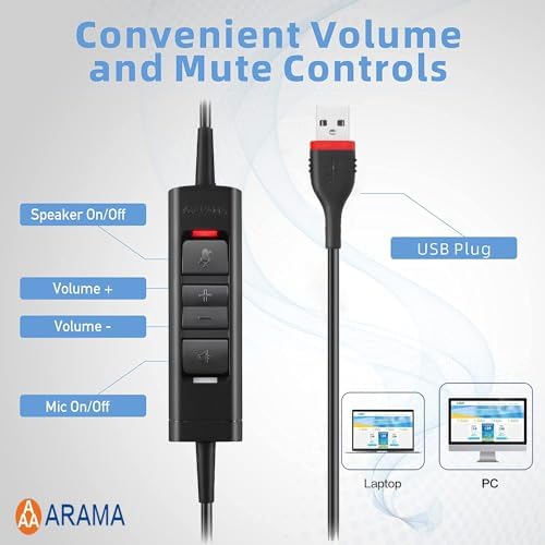 Arama USB Headset with Microphone for PC, Computer Laptop Headphones with Noise Cancelling Mic & Audio Controls for Home Office Business Skype UC Webinar Zoom - Image 5