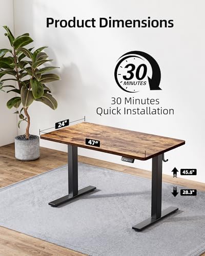 TIQLAB Standing Desk 47 x 24 inch, Electric Height Adjustable with Splice Board, Stand Up Desk, for Home Office, Black Frame/Rustic Brown Top - Image 3