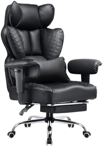 COMHOMA Big and Tall Office Chair Heavy Duty Wide Ergonomic Gaming Chair with Deluxe Embossing Designed Leather with Foot Rest, 145°Reclining Adjustable Armrests Pocket Spring Back Support and Pillow by ComHoma