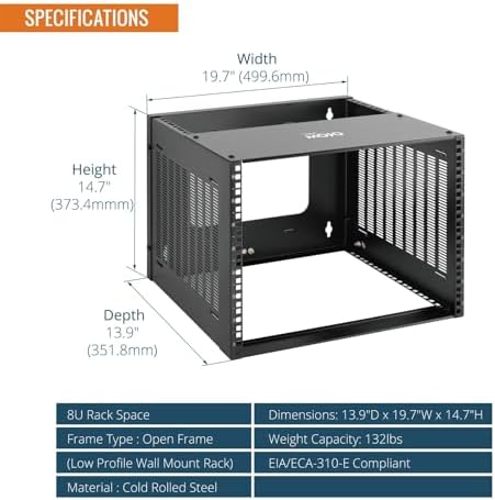 Tecmojo 8U Wall Mount Rack,8U Rack 13.9 inch Depth,132lbs(60kg) Weight Capacity,19" Network Rack for Shallow Server and IT Equipment, Network Switches,Patch Panel Bracket,Black - Image 2
