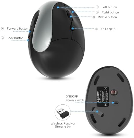 Ergonomic Mouse,Rechargeable Small Vertical Mouse with 6 Buttons Adjustable 800/1200/1600 DPI Purple Wireless Mouse for Laptop, Desktop, PC, MacBook (Gray) - Image 7