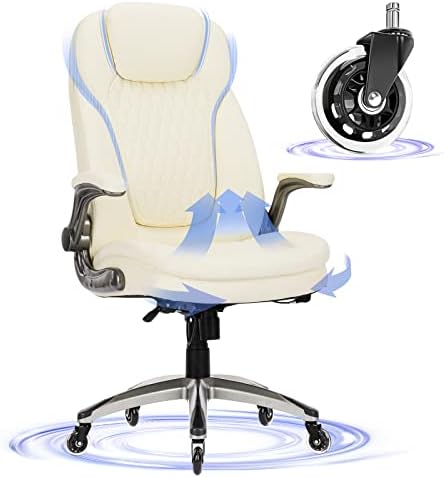 Executive Office Chair-Ergonomic Computer Desk Chair with Upgraded Caster for Swivel, High Back Office Chair with Padded Flip-up Arms,Leather Chair Thicken Seat for Comfort by COLAMYHOME