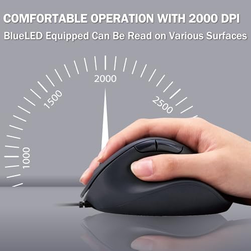 ELECOM Wired USB Ergonomic Shape Mouse, Silent Click, Right Hand, 2000DPI, 5 Buttons, Optocal Sensor, Compatible with PC, Mac, Laptop, EX-G, Lsize Black (M-XGM30UBSKBK) - Image 6
