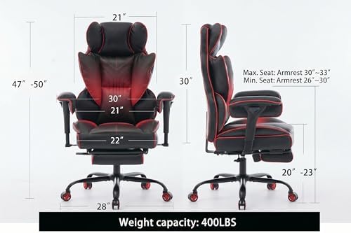Big and Tall Gaming Office Chair 400lbs - Heavy Duty Ergonomic Computer Desk Chair with Footrest, Adjustable Armrests, High Back PU Leather with Racing Style (Black/Red) - Image 2