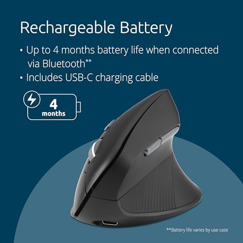 Kensington MY630 EQ Wireless Rechargeable Mouse, Ergonomic Vertical Design, Bluetooth LE, 2.4GHz, Black (K72484NA) - Image 4