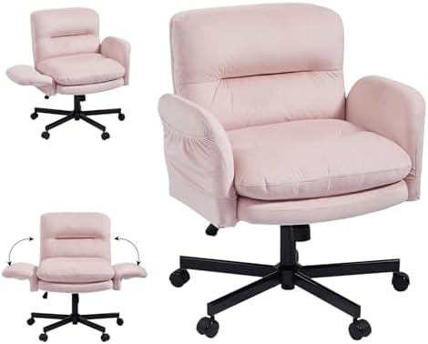 Bestier Velvet Vanity Chair with Flip-Up Arms, Swivel Makeup Chair Pink by Bestier