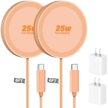 25W Magnetic Wireless Charger, 6FT Fast Charging Pad Wireless Charge for iPhone 17 16 /AirPods3/2/Pro/for Galaxy S26 Ultra/Pixel 10 Series, Portable Charger for Desk& Travel(2Pack,Orange) by WAYLITEWirelessCharger