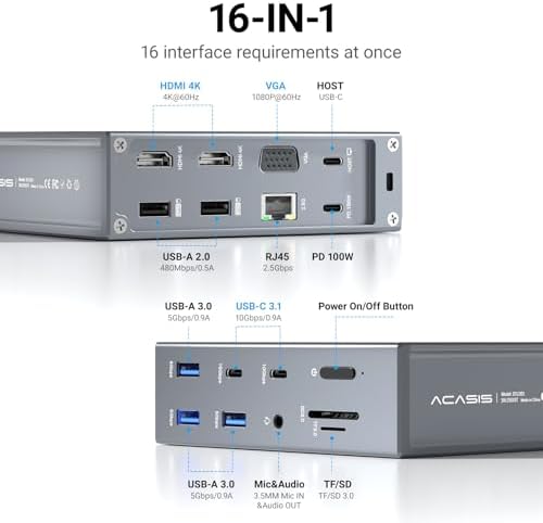 ACASIS USB C Docking Station Dual Monitor, 16-in-1 Laptpop Docking Station with 2* HDMI,VGA,2.5G Ethernet,SD/TF10Gbps USB-C 3.1,3.5mm Audio,PD100W,USBC Hub for Dell/Lenovo/HP/ThinkPad (Sliver) - Image 2