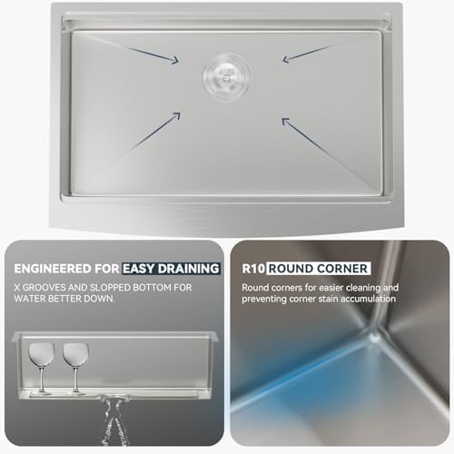 Lordear 33 Farmhouse Sink Stainless Steel Apron Front Ledge Workstation Deep Single Bowl 16 Gauge Stainless Steel Kitchen Farm Kitchen Sinks with Accessories, 9" Apron Height - Image 4