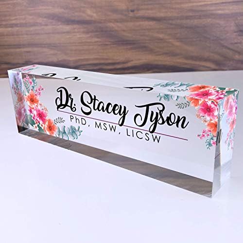 Artblox Office Desk Name Plate Personalized | Custom Name Plates for Desks | Flowers Wild Design On Clear Acrylic Glass | Office Desk Decor - (8" x 2.5") by Artblox