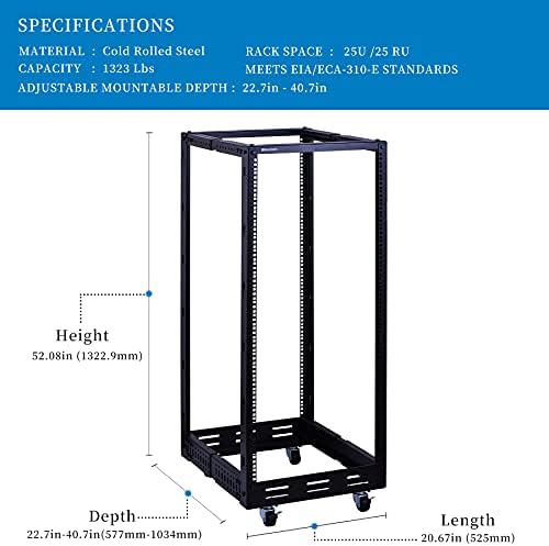 RackPath 25U Open Frame Server Rack – Heavy Duty 4 Post Adjustable Depth with Casters - Image 2