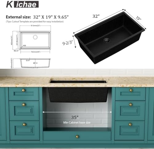 Kichae 32 Undermount Kitchen Sink Matte Black Granite Composite Workstation - Image 4