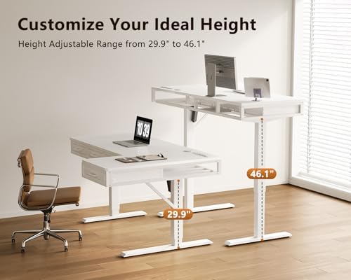 OffiGo 55 Inch L Shaped Standing Desk with 4 Wooden Drawers, White - Image 5