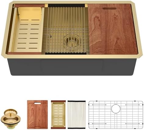 Lordear Gold Undermount Kitchen Sink 33" x 19" Stainless Steel Sinks 16 Gauge Single Bowl Ledge Workstation Handmade Under Counter Kitchen Sink Basin with Built-In Accessories by LORDEAR