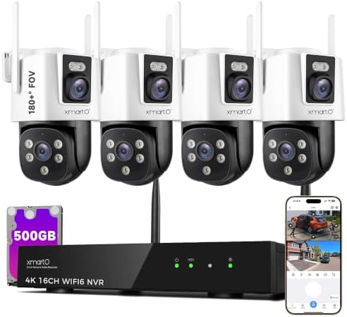 xmartO 4‑Cam Dual‑Lens Security Camera Kit, 500GB 4K NVR PTZ AI Tracking by xmartO