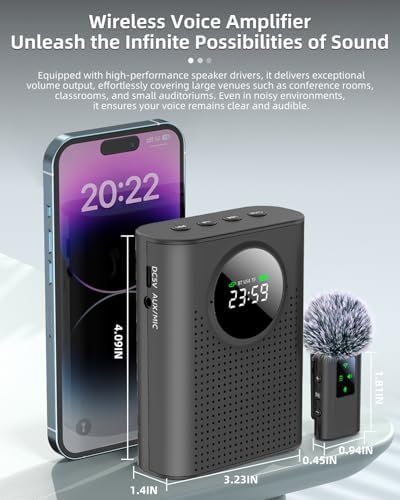 S67 Voice Amplifier Wireless Microphone Dual for Teachers Classroom Rechargeable, Mini Lavalier Lapel Mic, Portable Speaker PA System with LED Display for Class, Tour Guide, Coaches, Black - Image 6