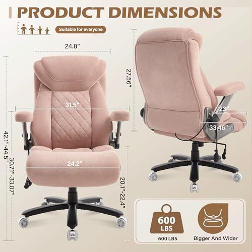 600LBS Large Big and Tall Office Chair, Heavy Duty Wide Ergonomic Gaming Office Chair with 5D Flip Arms, Comfy Fabric Executive Office Desk Chair, Extra Wide Padded Seat, Adjustable Lumbar, Pink - Image 2