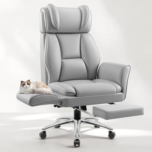 Big and Tall Office Chair, Flip Armrests for Cross Legged Sitting, Ergonomic Leather Executive Desk Chair with Foot Rest, High-Back Reclining Computer Chairs for Office Home Game - Light Gray by Fidom